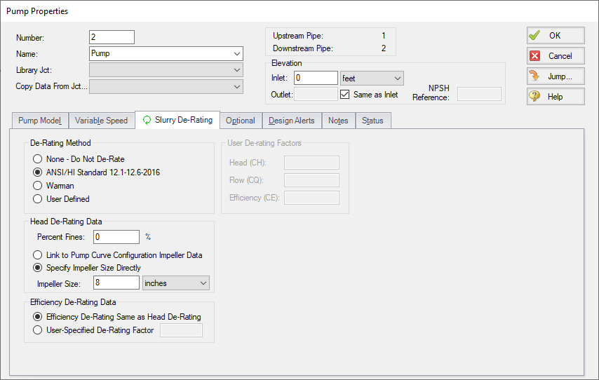 The Slurry De-Rating tab of the Pump Properties window.